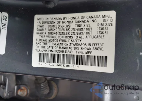 2013 Honda Cr-V Ex-L from USA, damaged, VIN 2HKRM4H72DH643849